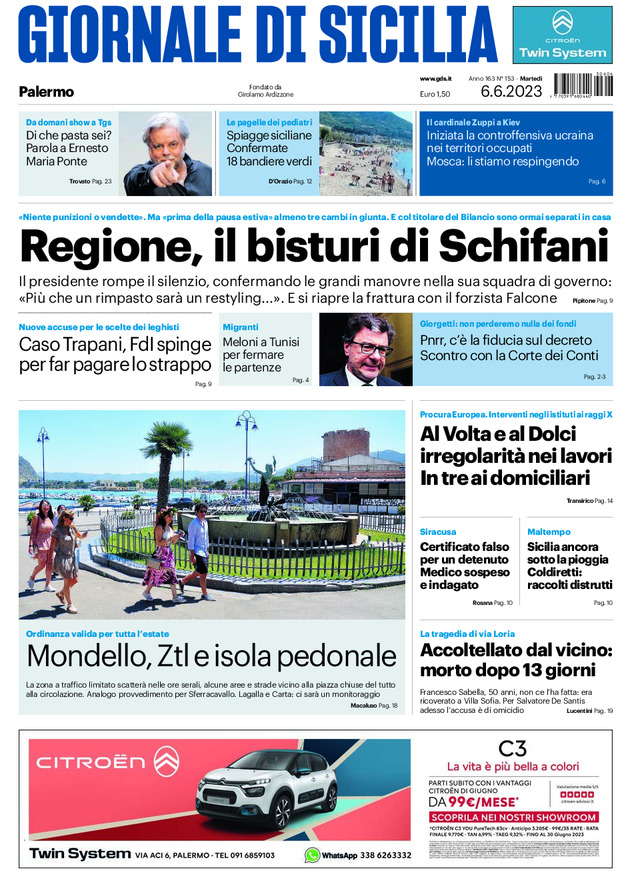 Prima pagina del Giornale di Sicilia del 04-02-2023